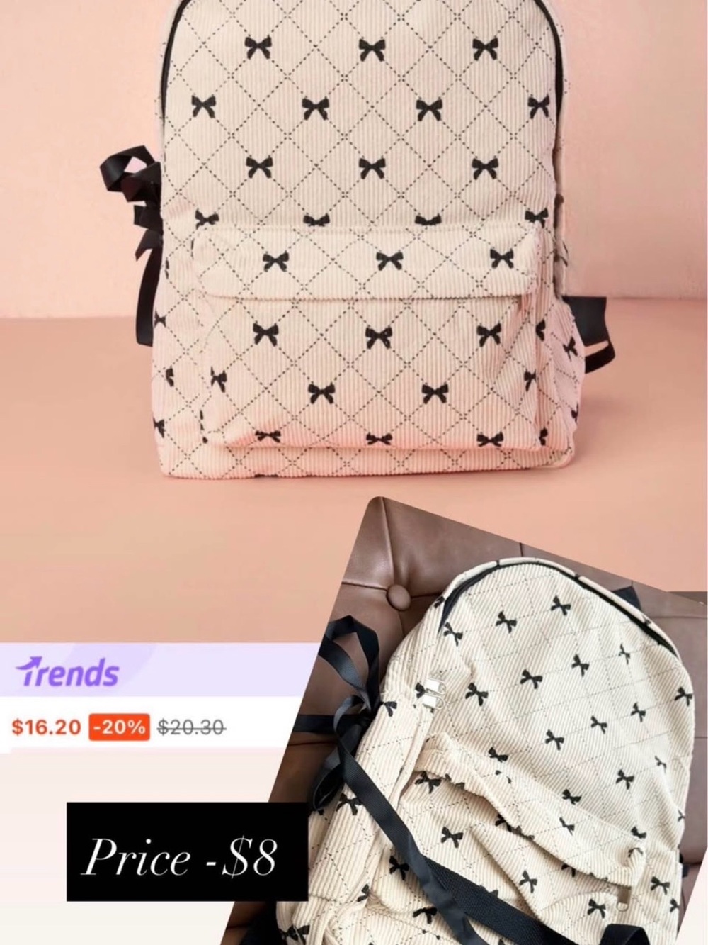 SHEIN Cream Backpack with Black Bow Pattern